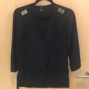 H&M satin black blouse; gold embellished shoulders